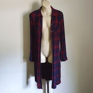 Long plaid navy and red button up